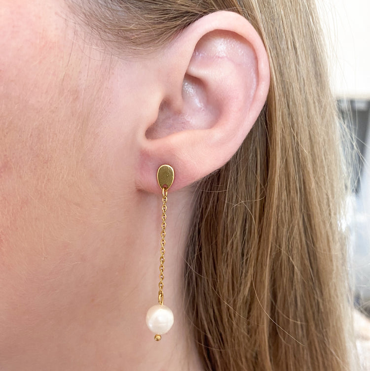 boucles d'oreilles pendante chaine et perle d'eau douce véritable en acier inoxydable